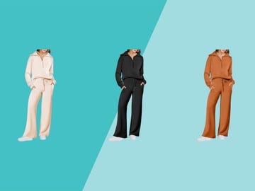 Three models wearing matching athletic sets in cream, black, and rust against a teal background. Three models wearing matching athletic sets in cream, black, and rust against a teal background.