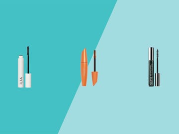 Three different mascara tubes on a bright turquoise background. Three different mascara tubes on a bright turquoise background.