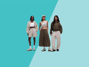 Three models wearing casual athletic outfits on a blue background. Three models wearing casual athletic outfits on a blue background.