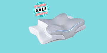 Ergonomic pillow with Amazon Prime Day sale badge on blue background. Ergonomic pillow with Amazon Prime Day sale badge on blue background.