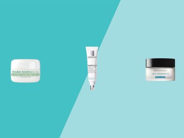 Three eye cream products on a turquoise background. Three eye cream products on a turquoise background.
