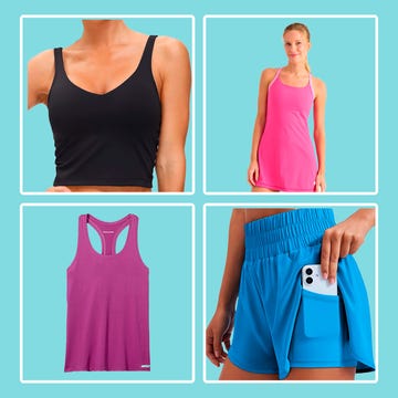 Collection of women's athletic wear including tops and shorts. Collection of women's athletic wear including tops and shorts.