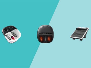 A collection of foot spa and massaging devices on a teal background. A collection of foot spa and massaging devices on a teal background.