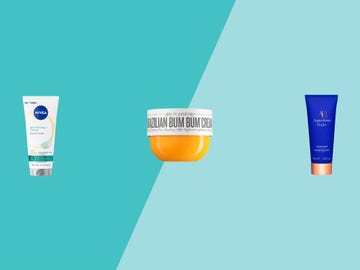Three body creams displayed against a light blue background: Nivea, Brazilian Bum Bum Cream, and Augustinus Bader. Three body creams displayed against a light blue background: Nivea, Brazilian Bum Bum Cream, and Augustinus Bader.