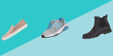 best shoes for plantar fasciitis three shoes for plantar fasciitis two sneakers, one tan, one blue, gray, and white, and one black boot in front of two blue triangles