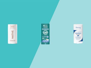 Three aluminum-free deodorant sticks on a turquoise background. Three aluminum-free deodorant sticks on a turquoise background.