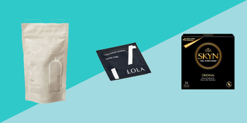 Best Condoms for Women maude, lola, and skyn condoms on a blue background