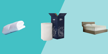mattress toppers bedding products arranged on a colorful background