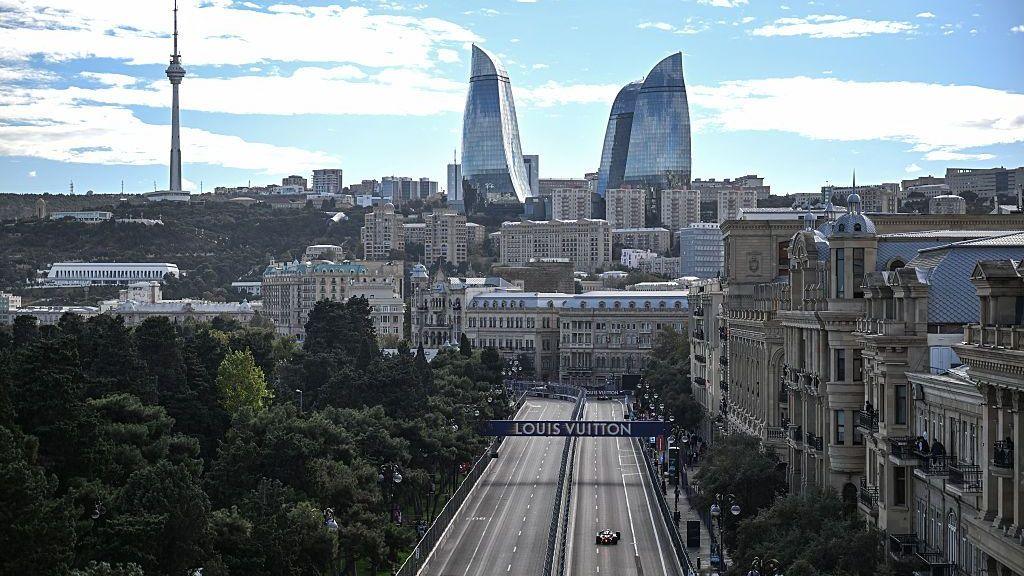 A general view shows the track and the Flame Towers during a qualifying session of the Azerbaijan Grand Prix