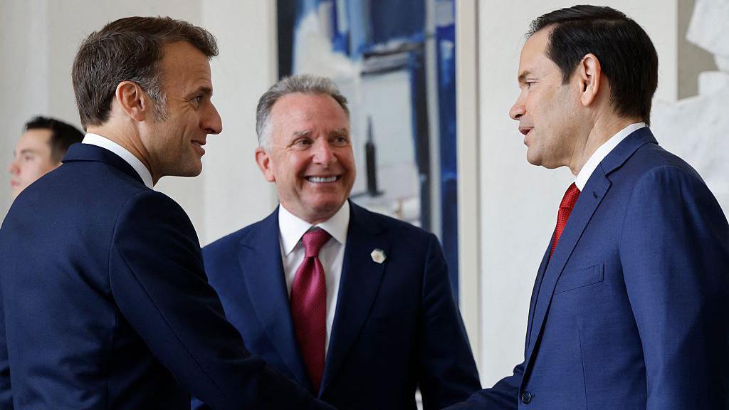 French President Emmanuel Macron greets US Secretary of State Marco Rubio and US Special Envoy Steve Witkoff