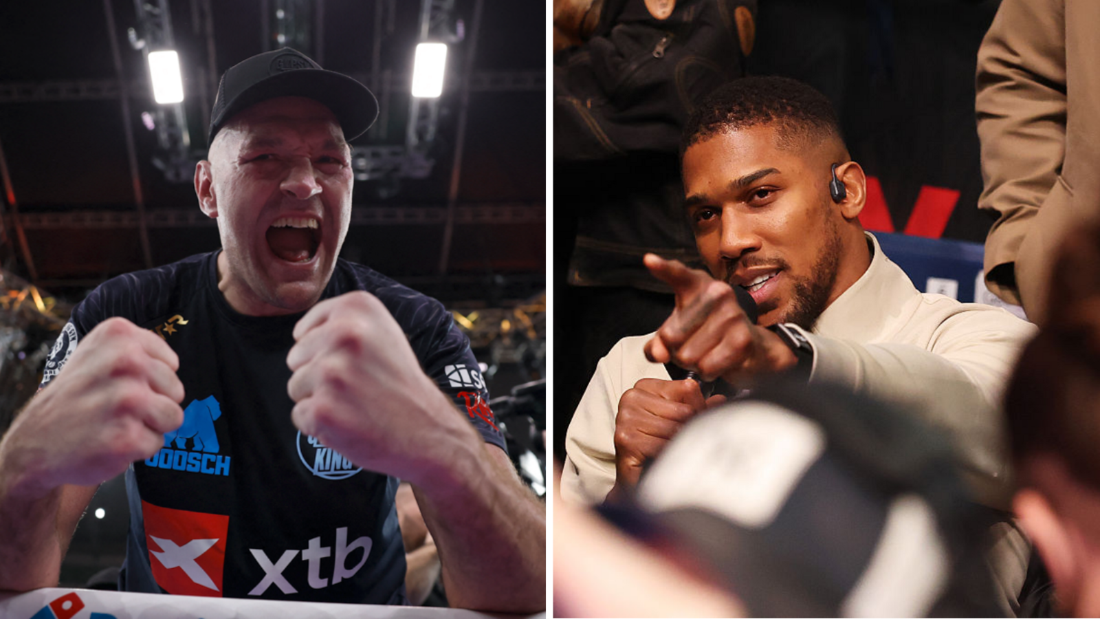 Split image of Tyson Fury celebrating and Anthony Joshua pointing from ringside