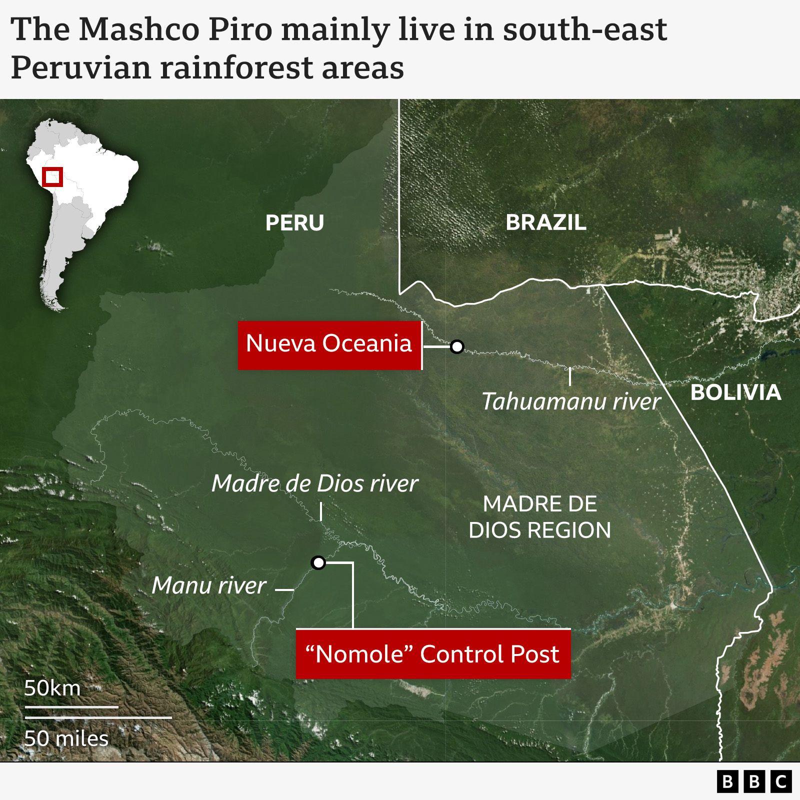 Map showing south-east Peru and surrounding areas of Brazil and Bolivia, highlighting the Madre de Dios region. The map includes rivers labeled Manu, Madre de Dios, and Tahumanu. Two red markers indicate “Nueva Oceania” near the Tahumanu River and “Nomole” Control Post near the Manu River. A small inset map of South America shows the location within Peru. A scale at the bottom left shows 50 km and 50 miles. Text at the top reads: “The Mashco Piro mainly live in south-east Peruvian rainforest areas.” BBC branding is visible at the bottom right.
