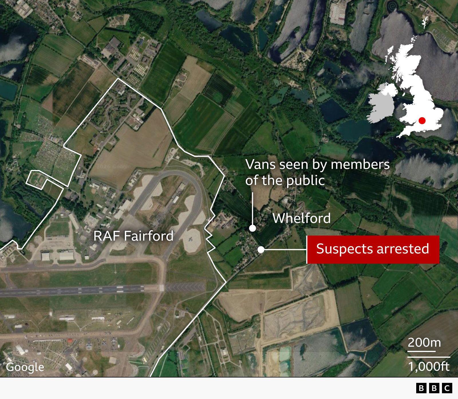 Satellite map of RAF Fairford and the nearby village of Whelford, showing the airbase boundary outlined in white. Labels indicate locations where vans were reportedly seen by members of the public and where suspects were arrested.