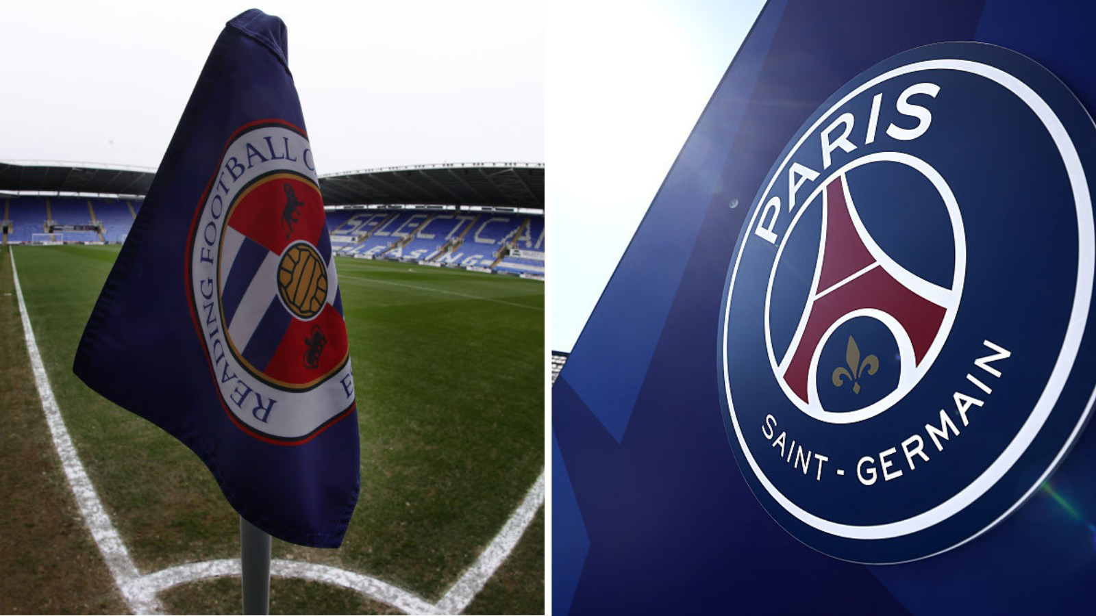 A split picture of a Reading corner flag with the Select Car Leasing Stadium in the background and a Paris Saint-Germain club logo on a blue background