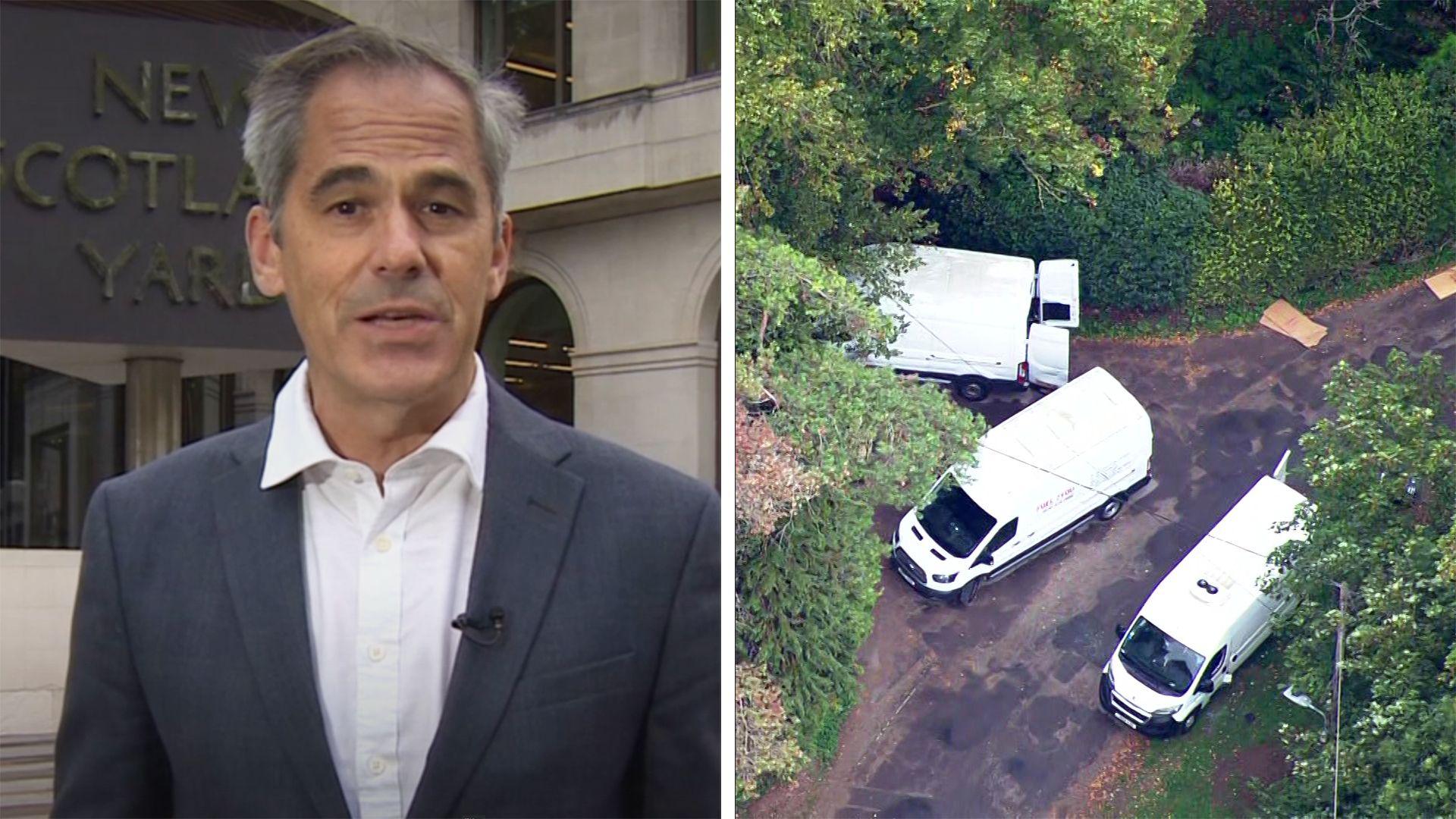 BBC correspondent Daniel Sandford pictured in a suit in front of New Scotland Yard sign, with another aerial shot of white vans at RAF Fairford