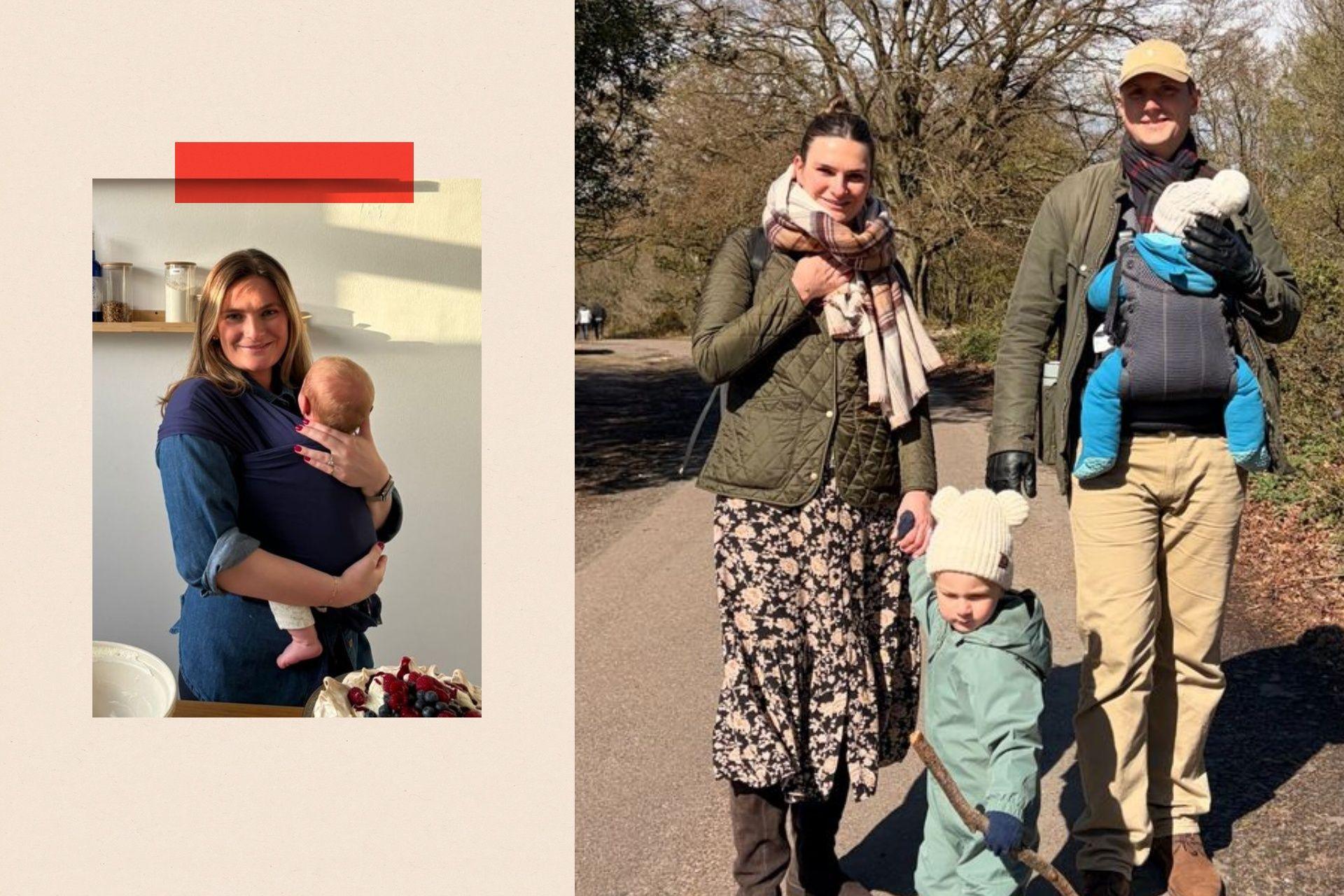 Two photographs of Rosie Whitfield with her family. In the first, Rosie holds her young baby in a sling against her chest. In the second, she is pictured alongside her partner, their baby and their young child, standing together as a family.