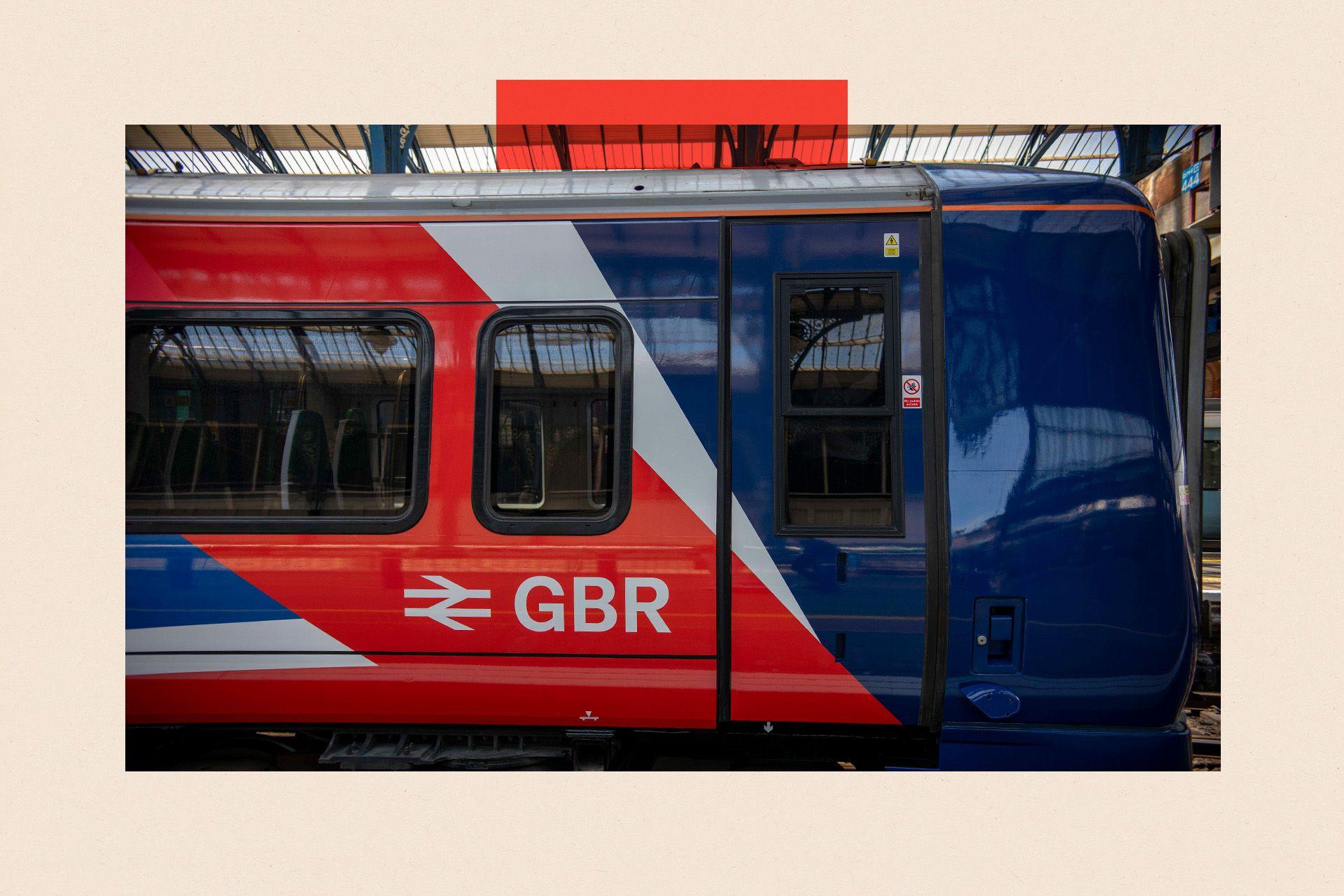 A train, viewed from the side, decorated with Great British Railways branding