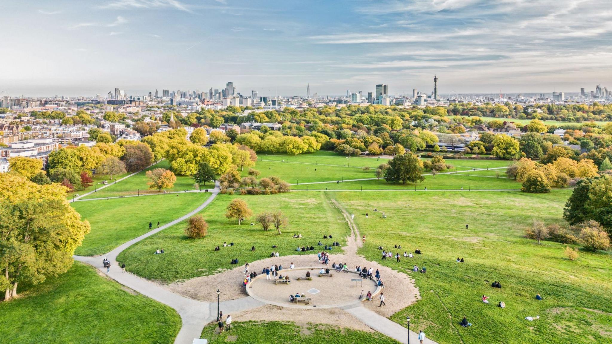 An aerial view looking across the green expanse of Primrose Hill towards the central London skyline, with autumn trees lining the paths and people gathered on the grass.