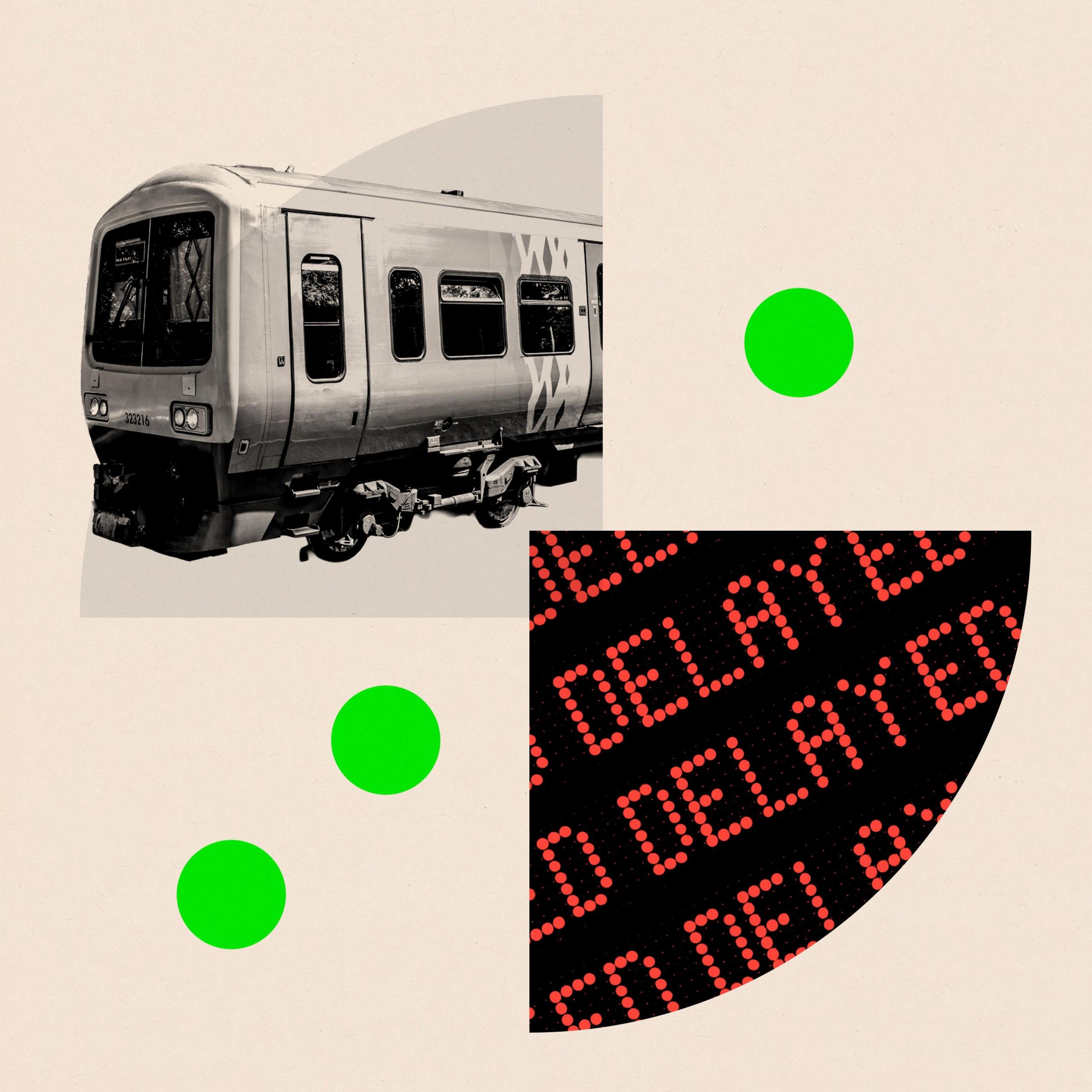 Montage image showing a train and the word "delayed" repeated on a departure board