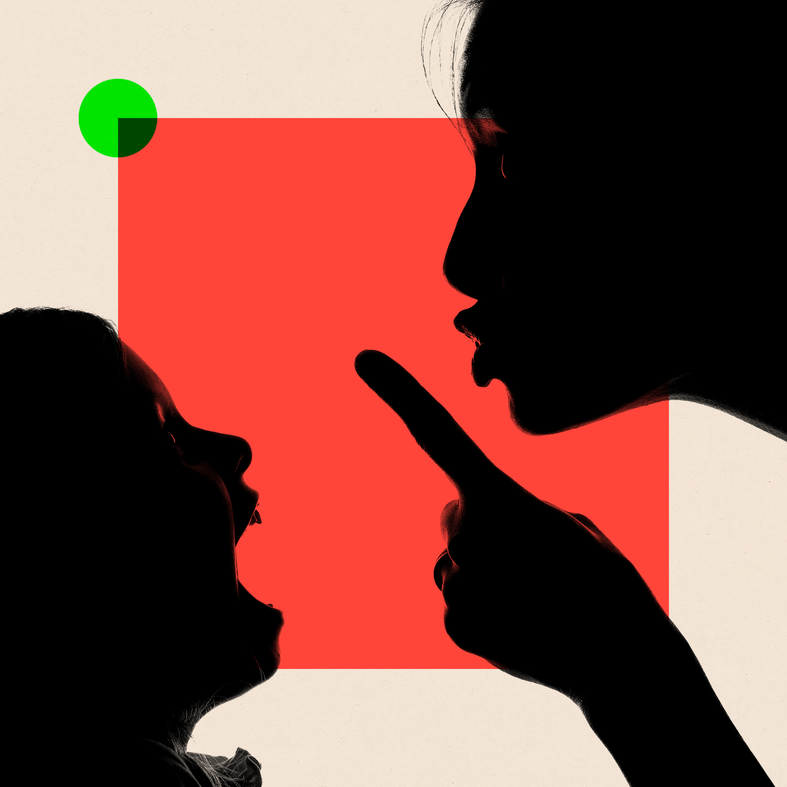 A silhouetted image of a parent shushing a child. The child is to the left of the image with their mouth open and the parent higher up to the right
