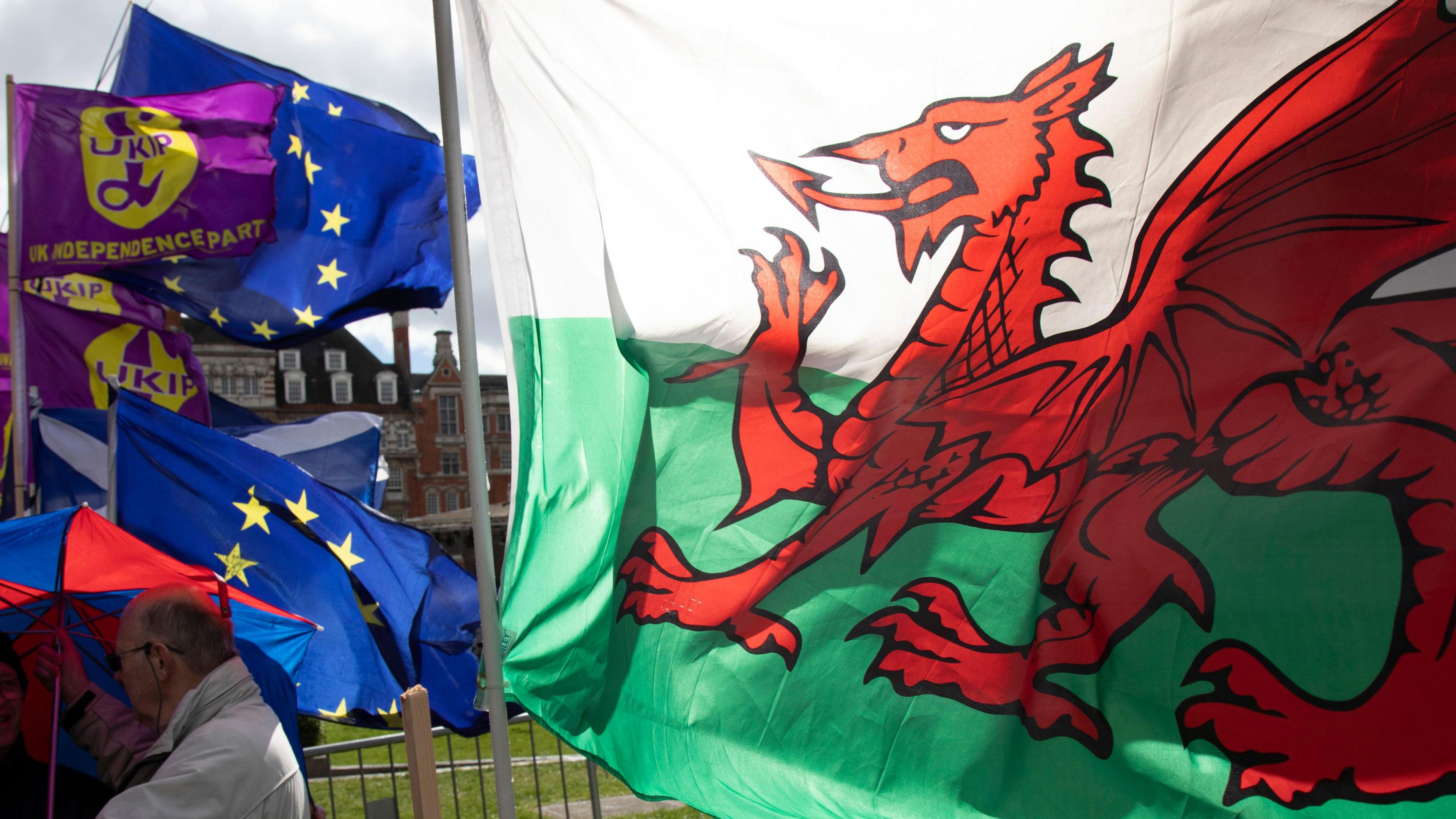 A set of flags next to each other. A large Welsh dragon features next to some European Union and UK Independence Party flags.