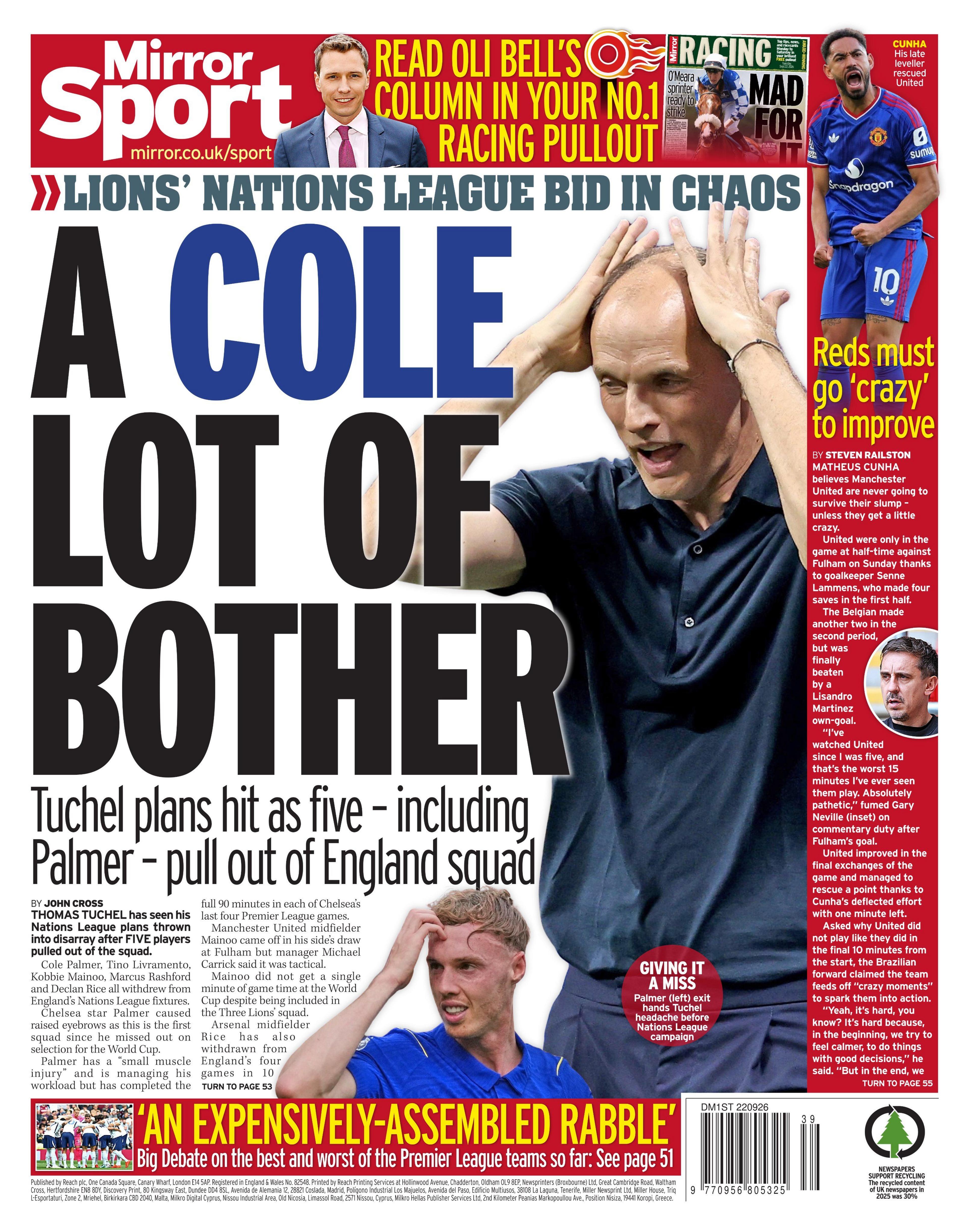 Back page of Mirror Sport leading on ' Cole lot of bother'