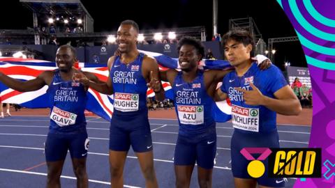 Romell Glave, Zharnel Hughes, Jeremiah Azu and Louie Hinchliffe celebrate winning relay gold
