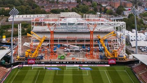 Aerial view of the construction work on the new Kop Stand at Wrexham's Racecourse Ground.