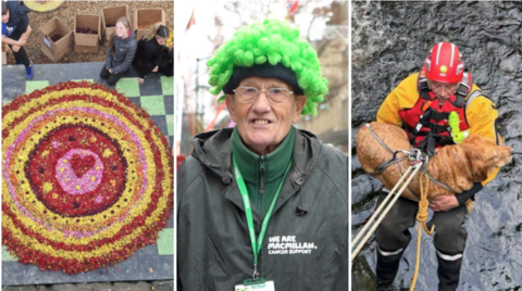Three side-by-side images. On the left, a circular floral display. In the middle, an older man wearing a bright green curly wig. On the right, a man wearing waterproof clothing and a hard hat is lowered on a rope system. He holds a brown Labrador dog.