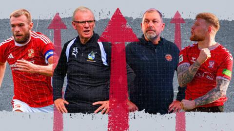 BBC graphic featuring Swindon Town striker Aaron Drinan in the Robins' red home shirt, Bristol City boss Steve Evans in a black training top, Salford manager Peter Cklamovski and York City striker Josh Stones celebrating a goal by punching his right arm