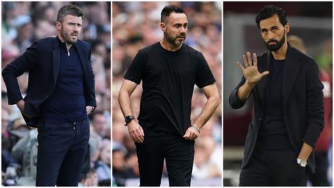 A three-way split picture of Manchester United boss Michael Carrick, Tottenham manager Roberto de Zerbi and Fulham head coach Alvaro Arbeloa