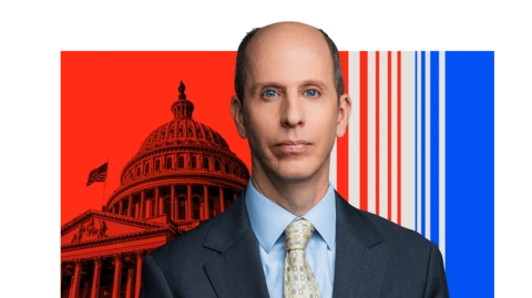 Head and shoulders shot of Anthony Zurcher on a stylised background of the US Capitol