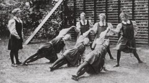 Martina Bergman Osterberg's students contesting a netball game outside at Dartford in 1897