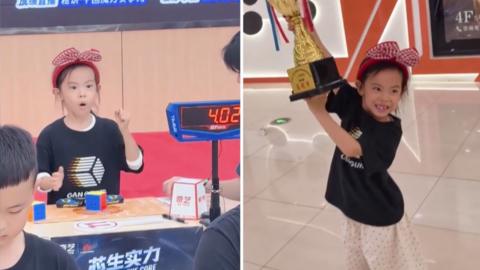 A split screen of a young girl winning a Rubik's Cube competition.