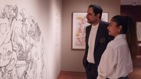 Rajeeb and Nadia Samdani are the co-founders of the Samdani Art Foundation. They are pictured here looking at an Ashmolean exhibit.