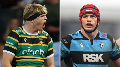 Henry Pollock screams while wearing his Northampton kit (left) and James Botham looks ahead while playing for Cardiff