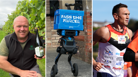 Three side-by-side images; on the left, a man wearing a black gilet and green t-shirt holds up a bottle of wine. In the centre, a robot on wheels with a large blue box. On the right, a man wearing a sports vest with sponsorship logos.