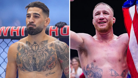 Ilia Topuria is shirtless and smiling and Justin Gaethje is shirtless, smiling and holding a USA flag