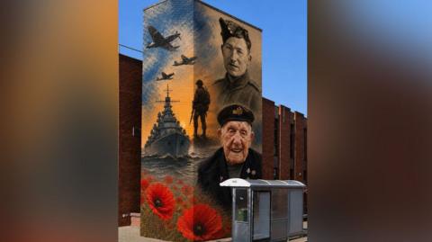 A black-and-white image of Rose in his youth alongside a colour portrait from his later years, with a battleship, aircraft, poppies, a lone soldier and a sunset
