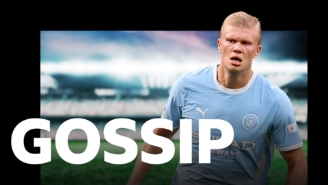 Manchester City's Erling Haaland, with the BBC Sport Gossip banner