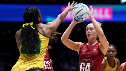 Phillipa Yarranton of Team Wales looks to shoot during the Preliminary Round Pool match between Team Jamaica and Team Wales