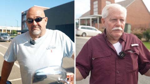 A splitscreen of a man in a white tee and sunglasses on the left and a man in a burgundy shirt with white hair on the right.