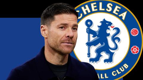 A graphic of Xabi Alonso in front of a blue and black background and the Chelsea club badge