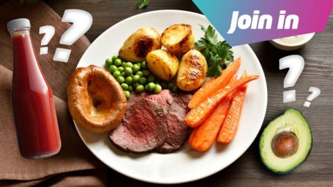A roast dinner with a bottle of ketchup, an avocado and some graphic question marks.