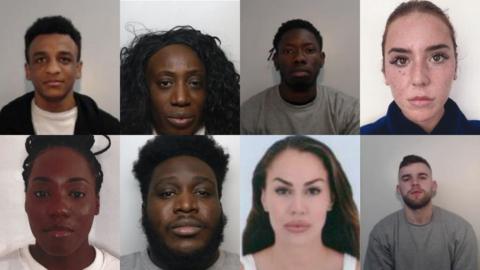 Eight mugshots featuring people looking directly at the camera