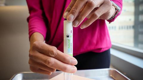 An injection pen of Zepbound, Eli Lilly’s weight loss drug, is displayed in New York City, U.S., December 11, 2023.