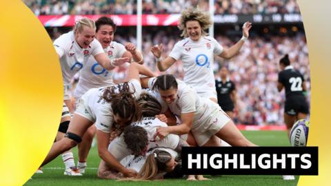 England players mob Zoe Harrison after her late try against New Zealand