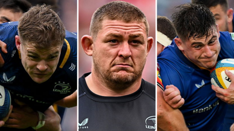 Split picture of Garry Ringrose, Tadhg Furlong and Dan Sheehan in Leinster team kit