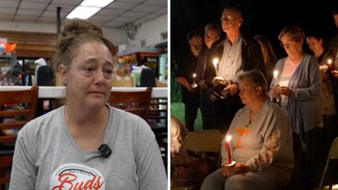 A woman is reacting to the Tennessee explosion and on the right is a vigil.