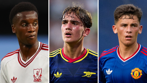 A split picture of Liverpool's Trey Nyoni, Arsenal's Max Dowman and Manchester United's Shea Lacey